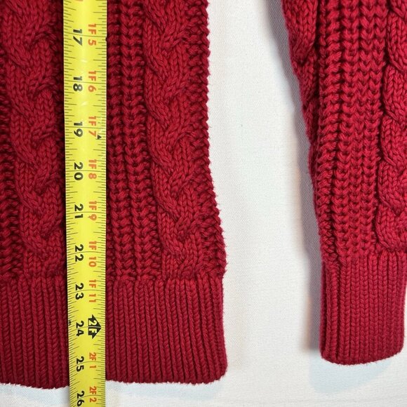 LL Bean Cable Knit Chunky Pullover Crew Neck Sweater Size M Button Shoulders Red - Picture 4 of 8